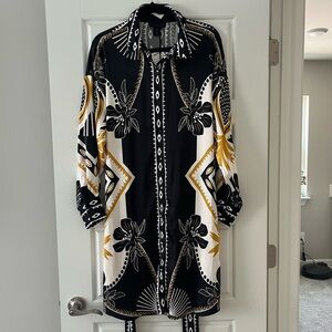 House of Harlow 1960 Black and Gold Long Sleeve Shirt Dress